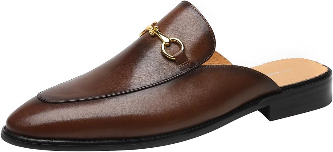 ELANROMAN Men's Loafers Backless Genuine Leather Mules Horse Buckle Shoes, 46