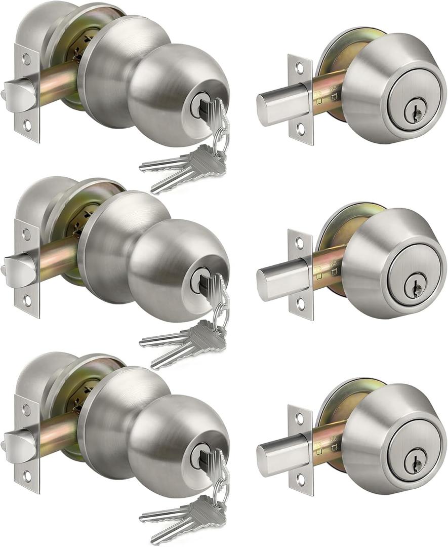 BESTTEN 3 Pack Keyed Alike Exterior Door Knobs and Single Cylinder Deadbolts Combo Set, Satin Nickel Entry Door Knobs with Locks and Keys for Entrance and Front Door, 3 PK Deadbolt Lockset, Satin Nickel
