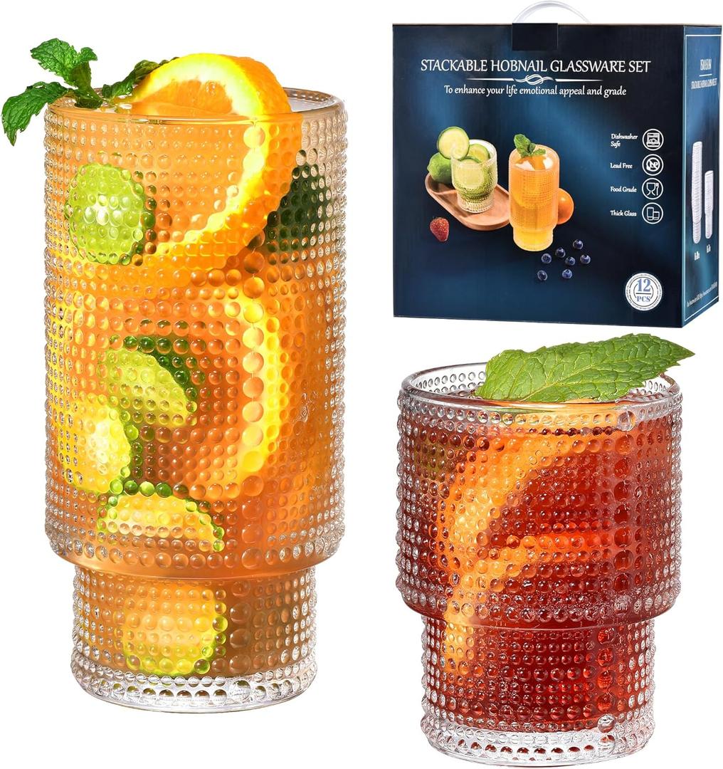 ISMASOAN Hobnail Drinking Glasses Set of 12, Stackable Glasses 12 oz and 7 oz, Bubble Glasses Drinking, Vintage Glassware, Beaded Glassware, Highball Glasses, Gift Box Set