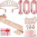 100th Birthday Decorations for Women, Include 100th Birthday Sash and Tiara, Cake Topper and Candles, Number Balloons, 100 Year Old Gifts Women