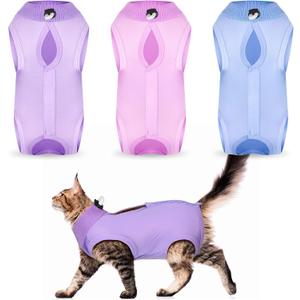 Nuanchu 3 Pieces Cat Recovery Suit Kitten Recovery Suit E-Collar Alternative for Cats and Dogs Abdominal Skin Anti Licking Pajama Clothes Sets(Size Small, Solid Style, Purple Pink Blue)