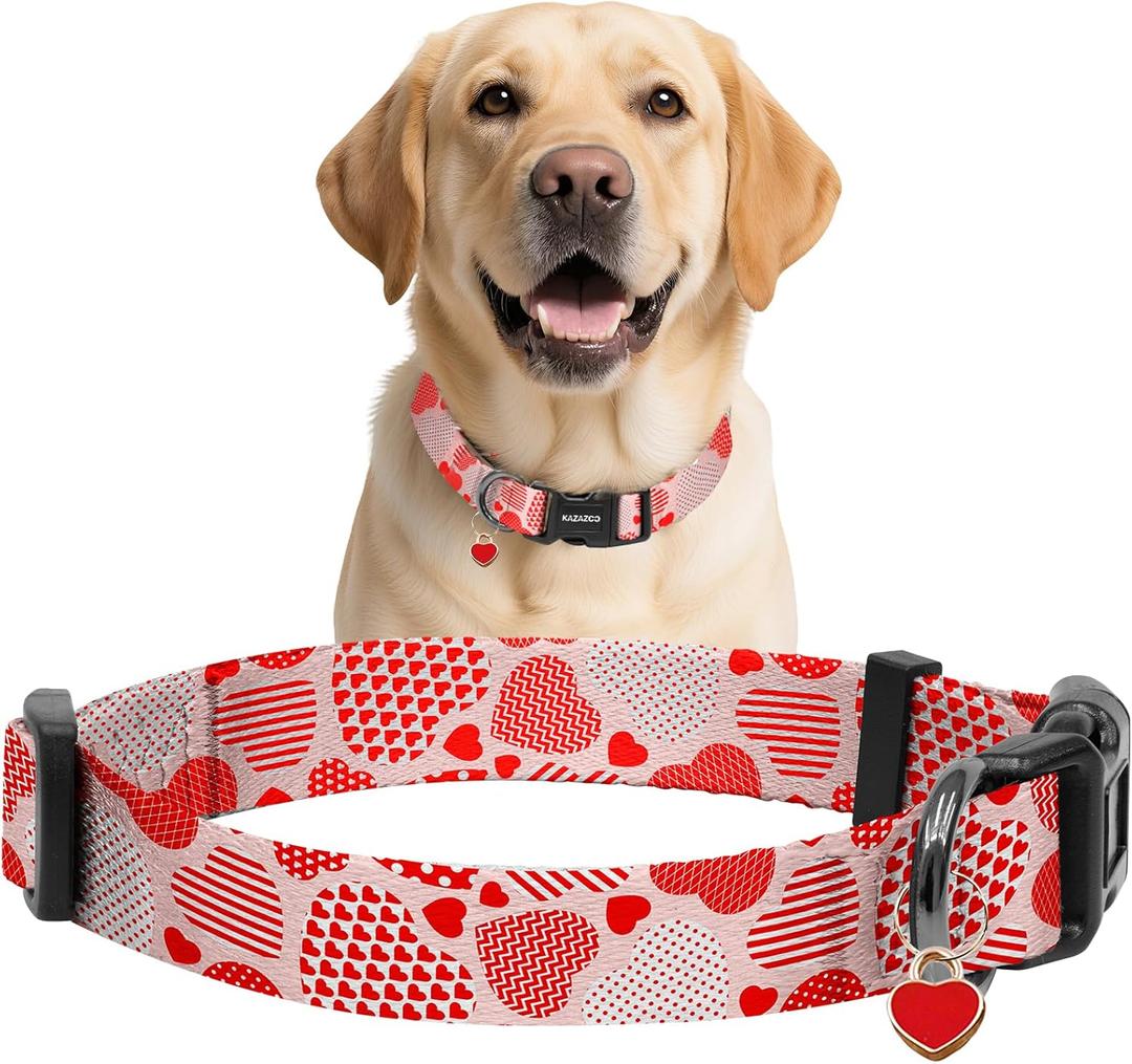 2 x Kazazoo Dog Collar Cute and Soft Nylon Puppy Collar Girl, Adjustable Dog Collars for Medium Large Dogs, Sweet Heart-L