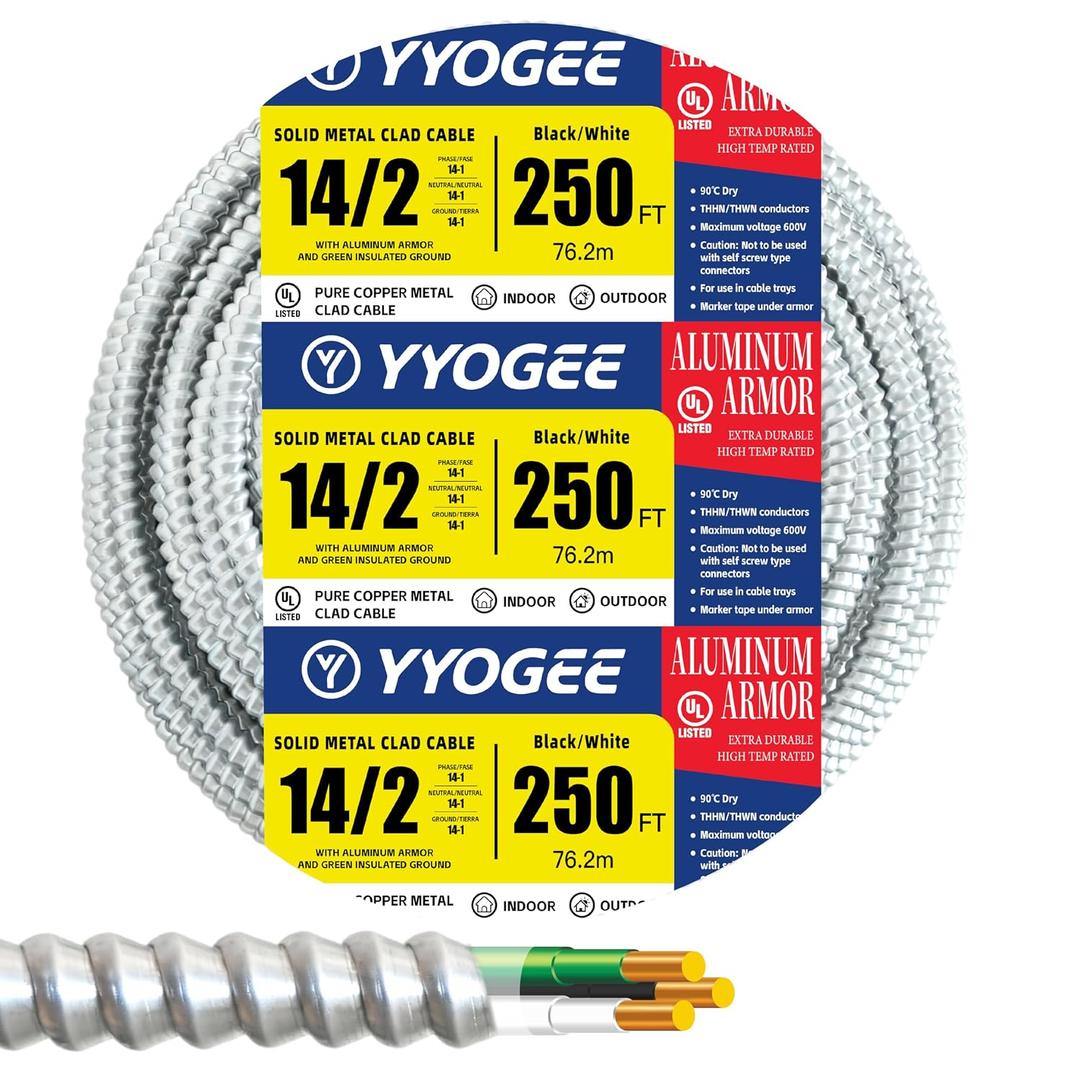14/2 250FT MC Cable with Ground, 14 Gauge Wire Metal Clad Cable with Solid Copper Conductors, Aluminum Armor, Electric Wire for Indoor, Outdoor, Commercial, Industrial Use