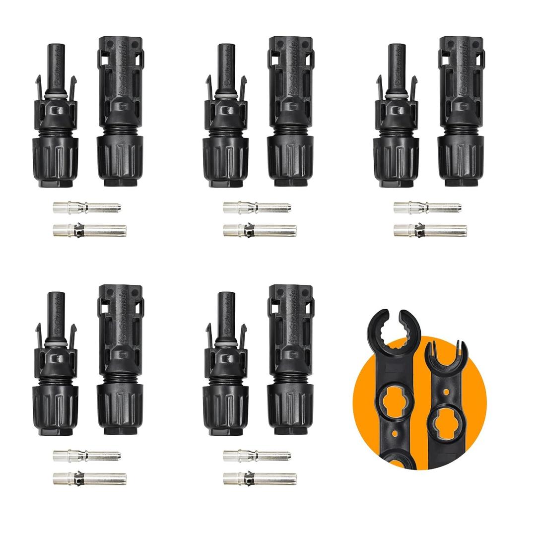 Solar Panel Cable Connector, IP68 Waterproof, 1500V 70A Tinned Copper Pins, 5 Pairs with 2 Spanners (for 8awg)