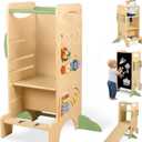 aiwo Toddler Tower Kitchen Step Stool, 3 Adjustable Height Standing Tower for Kitchen Counter, Chalkboard & Montessori Learning Activities
