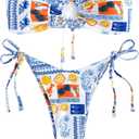 ZAFUL O Ring Bandeau Bikini Sets for Women Sexy Strapless Swimsuits 2 Piece High Cut Bathing Suit (Medium, Printed-white)