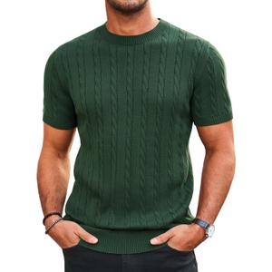 Runcati Mens Knit Short Sleeve T Shirts Casual Crewneck Slim Fit Shirt Cable Knitted Stretch Pullover Tees (L)