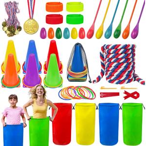 LINAYE Field Day Games Outdoor Activities, Carnival Lawn Yard Picnic Family Reunion Games Tug of War Rope Sack Race Bags for Adults and Kids Ring Toss Egg and Spoon 3 Legged Race for Birthday Party