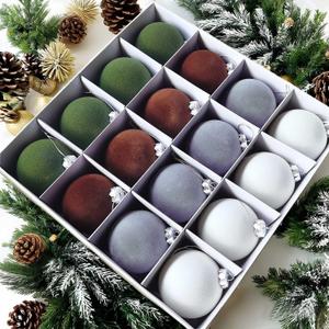 16 Pcs Velvet Christmas Balls, 3.15" Shatterproof Flocked Ornaments, Velvet Christmas Tree Balls, Brown Green Beige Dusty Blue