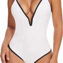 SHAPERIN Women's Deep V Neck Bodysuit Double Lined Plunge Tummy Control Shapewear Thong Body Suits Backless Cami Tank (Medium, Color Block-white)