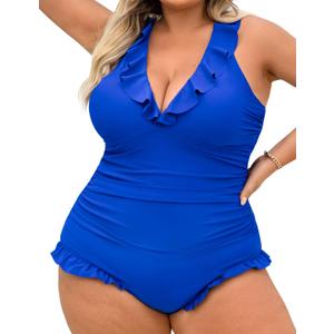 One Piece Swimsuit Women Plus Size Deep V Ruffle Neck Bathing Suit Cross Straps Tummy Control Modest Swimwear XL