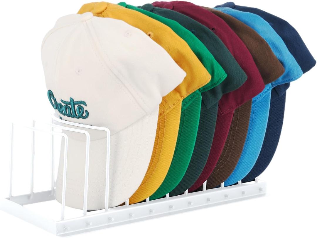 Hat Organizer for Baseball Caps, Hat Stand for 10 Baseball Caps Display and Organizer, Hat Rack, Caps Storage Holder for Bedroom, Closet, Dresser, Office - Easy to Install and Grab (White)
