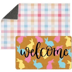 Tinideya 2 Pcs Colorful Bunny Welcome Doormat 23x35 in Layered Buffalo Plaid Carpet Easter Non Slip Rabbit Bathroom Coir Mat for Holiday Entrance Porch Indoor Outside Home Decor Gift Supplies