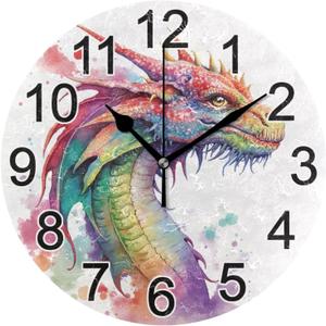 Watercolor Dragon Wall Clock Non Ticking Silent Kitchen Clock Large Decorative Battery Operated Clocks 10 inch for Living Room Bedroom Bathroom Art Decor