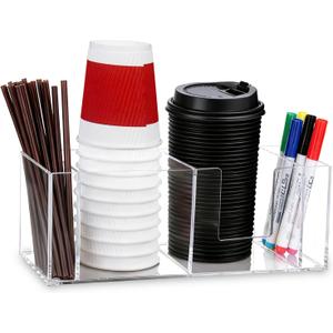 Cup Holder with Marker Slot, Acrylic Disposable Coffee Cup Dispenser Lids Straws Storage Organizer Mark Your Cup and Drink Up for Kitchen Bar Picnic Gathering Party Accessory (Clear)