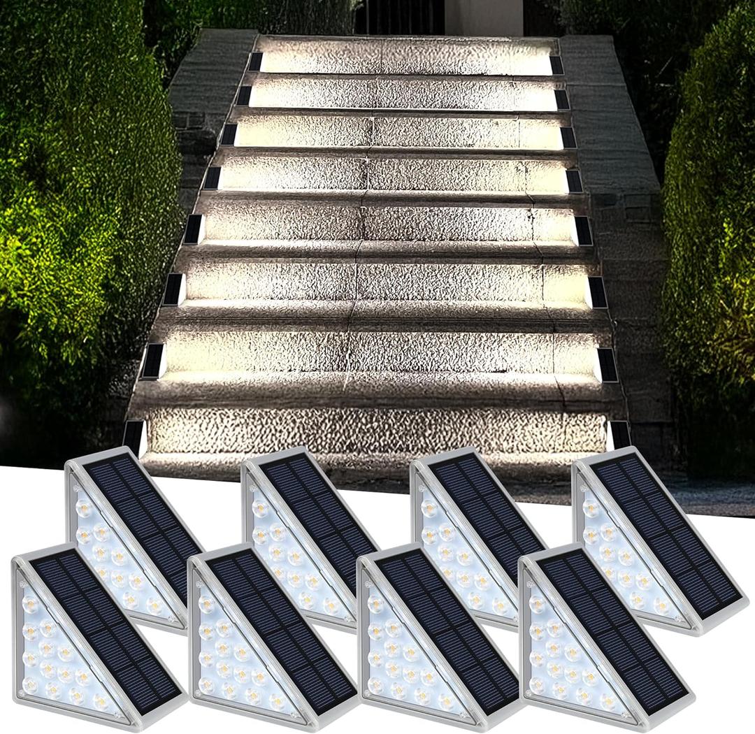 AUDLES LED Solar Step Lights Waterproof Outdoor Stair Lights, Solar Deck Lights Outdoor Decor IP67 Solar Lights for Yard, Patio, Garden, Walkways, Front Door, Pathway, Driveway (8) (Cool White)