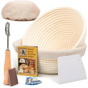 Sourdough Bread Baking Supplies Starter Kit, Banneton Proofing Basket Round 9" Set of 2, Gift Set