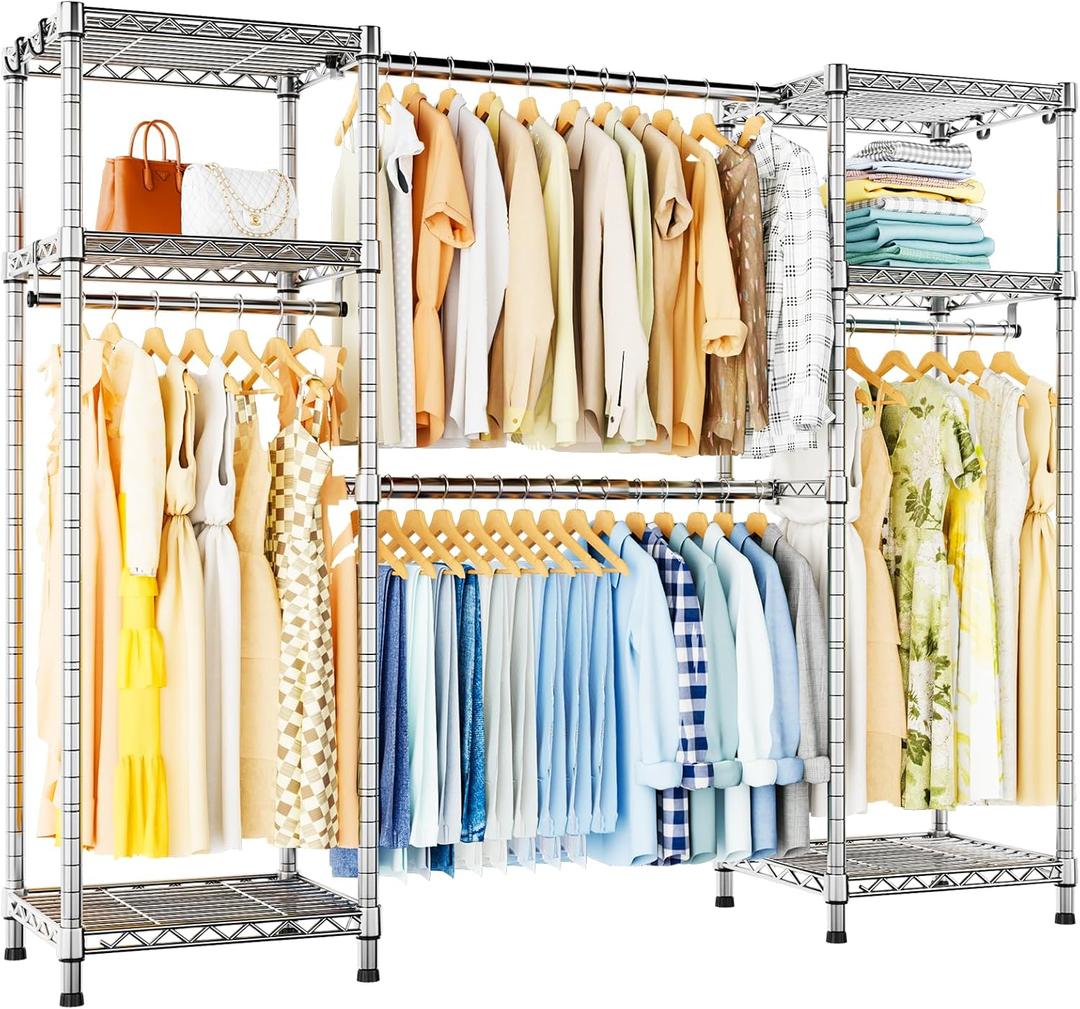 Ulif E7 Garment Rack, Heavy Duty Clothes Storage System with Extendable Hangers Rods, Metal Clothing Rack with 6 Wire Shelves, (52.3"-72") W x 14.5" D x 71.2" H, Load 838lbs, Chrome
