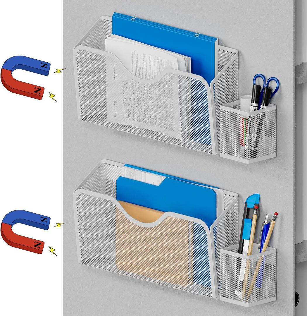 JANE EYRE Magnetic File Holder - 2pcs Hanging File Organizer Magazine Document Paper Holders with 2pcs Pen Holders for Classroom Cabinets Office,No Drilling(WHITE)