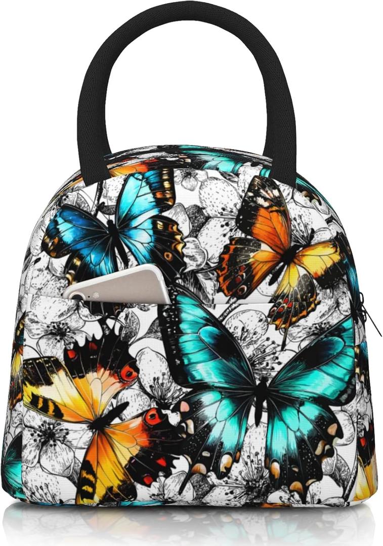 Butterfly Lunch Bag Reusable Black and White Leakproof Insulated Lunch Box Cooler Tote Bag Food Snack Container Box for Men Women Adult Work Travel Picnic