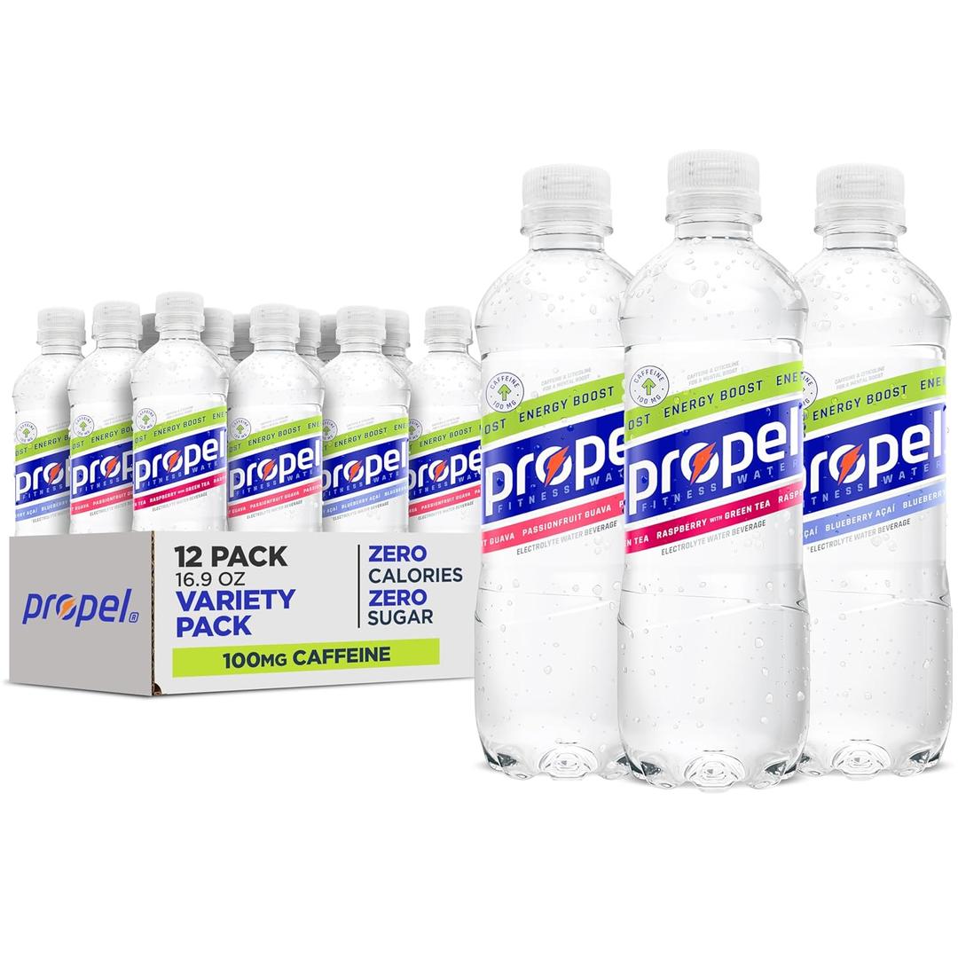 Propel Energy Boost Zero Calorie Flavored Water with Electrolytes and Caffeine, 3 Flavor Variety Pack, 16.9 fl oz Bottles (12 Pack) (EXP 02/27/26)
