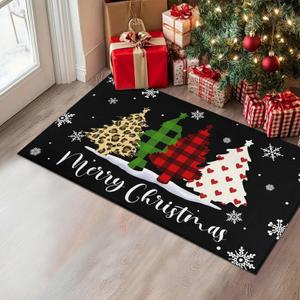 Merry Christmas Snowflake Buffalo Plaid Xmas Trees Gnomes Black Decorative Door Mat, Rustic Low-Profile Outdoor Floor Mat for Yard, Kitchen, Bathroom, 17 x 30 Inch (1'5" x 2'6" (Rectangular))