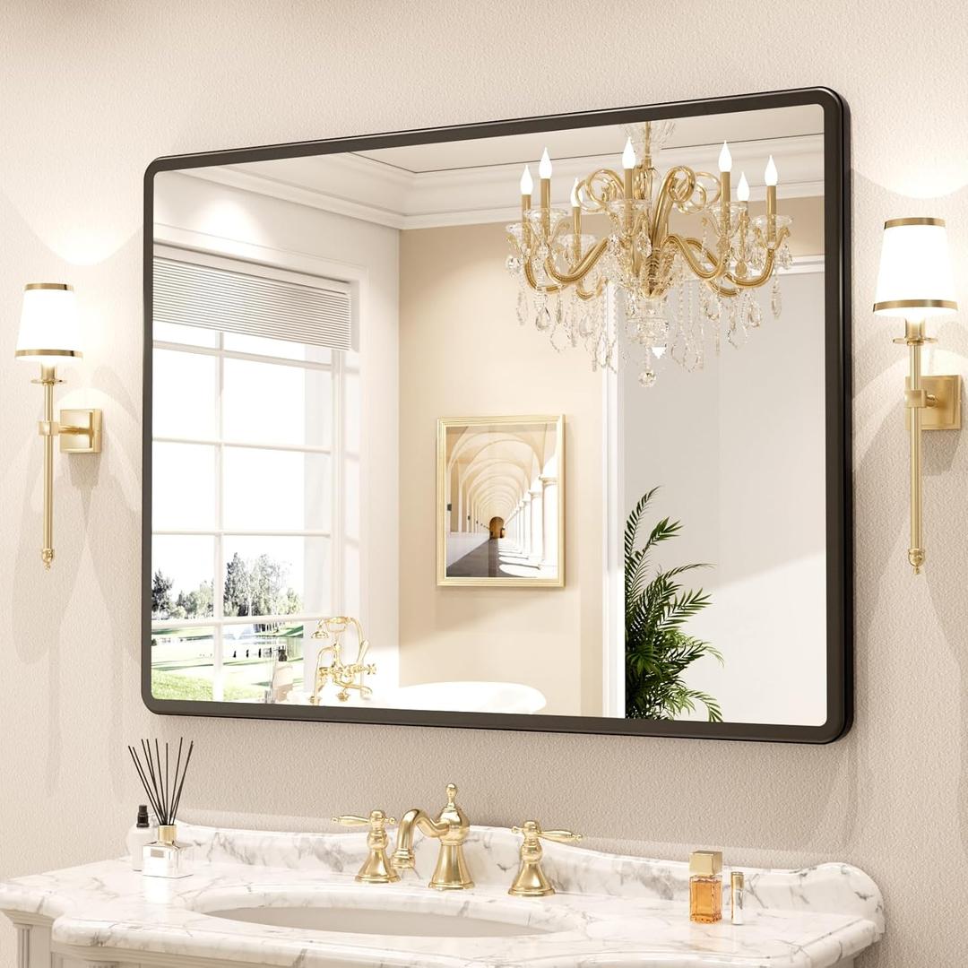 pertetey New Upgrade Bathroom Mirror, 40X30 Inch Black Metal Frame Wall Mounted Rounded Rectangle Bathroom Vanity Mirror with Tempered Glass for Washroom Bedroom Living Room
