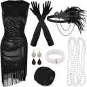 PLULON 1920s Sequin Beaded Fringed Dress with Roaring 20s Accessories Set V Neck Gatsby Dress with Feather Headpiece (XLarge, Black)