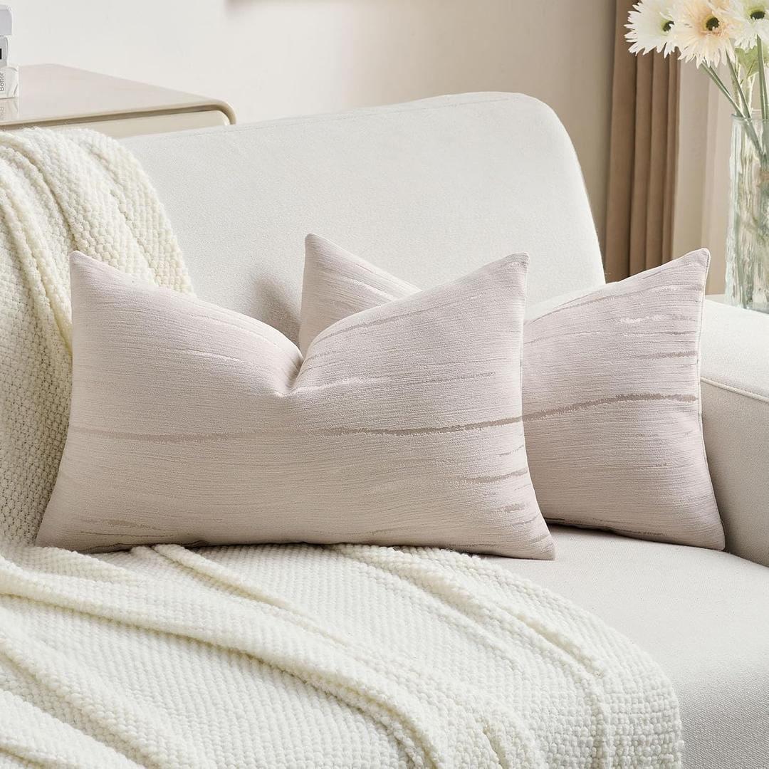 FUTEI Pack of 2 Chenille Decorative Throw Pillow Covers 12x20 Inch,Soft Embossed Striped Textured Lumbar Pillow Cases,Modern Home Decor for Couch Bed Living Room,Beige