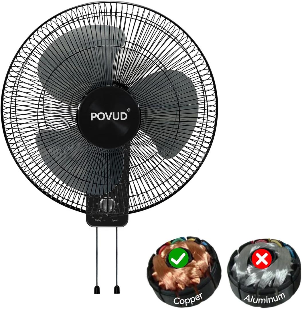 Wall Mounted Fan 16 inch with copper Motor, 3 Speeds High Velocity, Quite Oscillating Mounted Fan, Adjustable tilt Wall Fan Ideal for household Garage Patios Bedroom, Indoor, Black