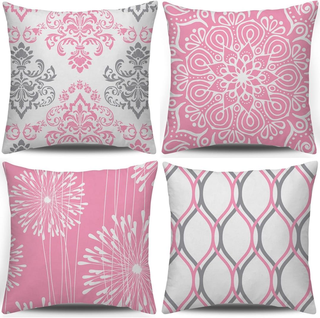 Coliuso Decorative Throw Pillow Covers 20x20 Set of 4,Pink and White Modern Simple Square Pillow Case Cushion Cover for Sofa Couch Farmhouse Living Room