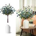 BLOSMON Blue Flowers Artificial for Decoration: Ceramic Vase with 12 Stems of Fake Mums Eucalyptuses Blue Centerpieces for Tables Decor - Faux Silk Pom Poms Floral Arrangement in vase for Living Room