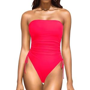 Yonique Women Strapless One Piece Swimsuit Tummy Control Bandeau Bathing Suit Cheeky Swimwear, Red, S