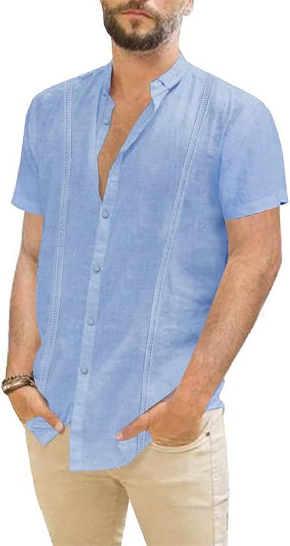 JEKAOYI Mens Casual Linen Button Down Short Sleeve Shirts Beach Summer Spread Collar Pocket Tops (Blue, L)