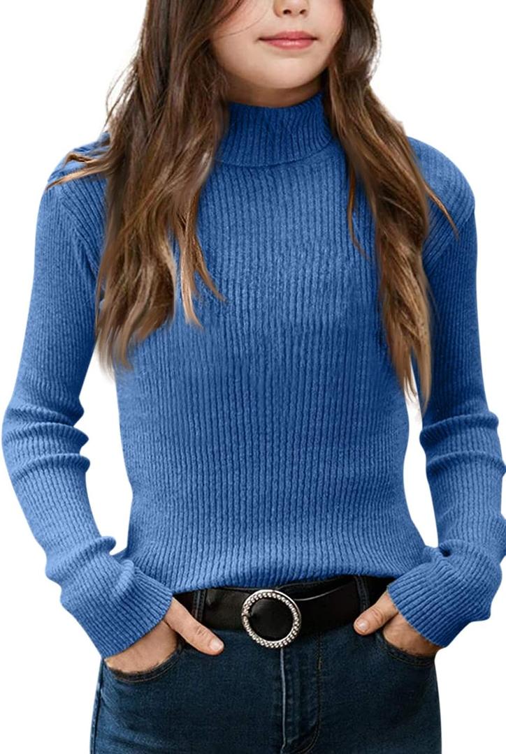 Girls Sweaters Kids Long Sleeve Turtleneck Pullover Jumper Tops (Blue)
