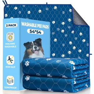 Fostanfly Washable Pee Pads for Dogs, 2 Pack Large 54"x54" Ultra-Absorbent and Leak-Proof Non-Slip Reusable Potty Training Pads for Dogs, Puppy & Cats of Add 8 Lanyards-Blue