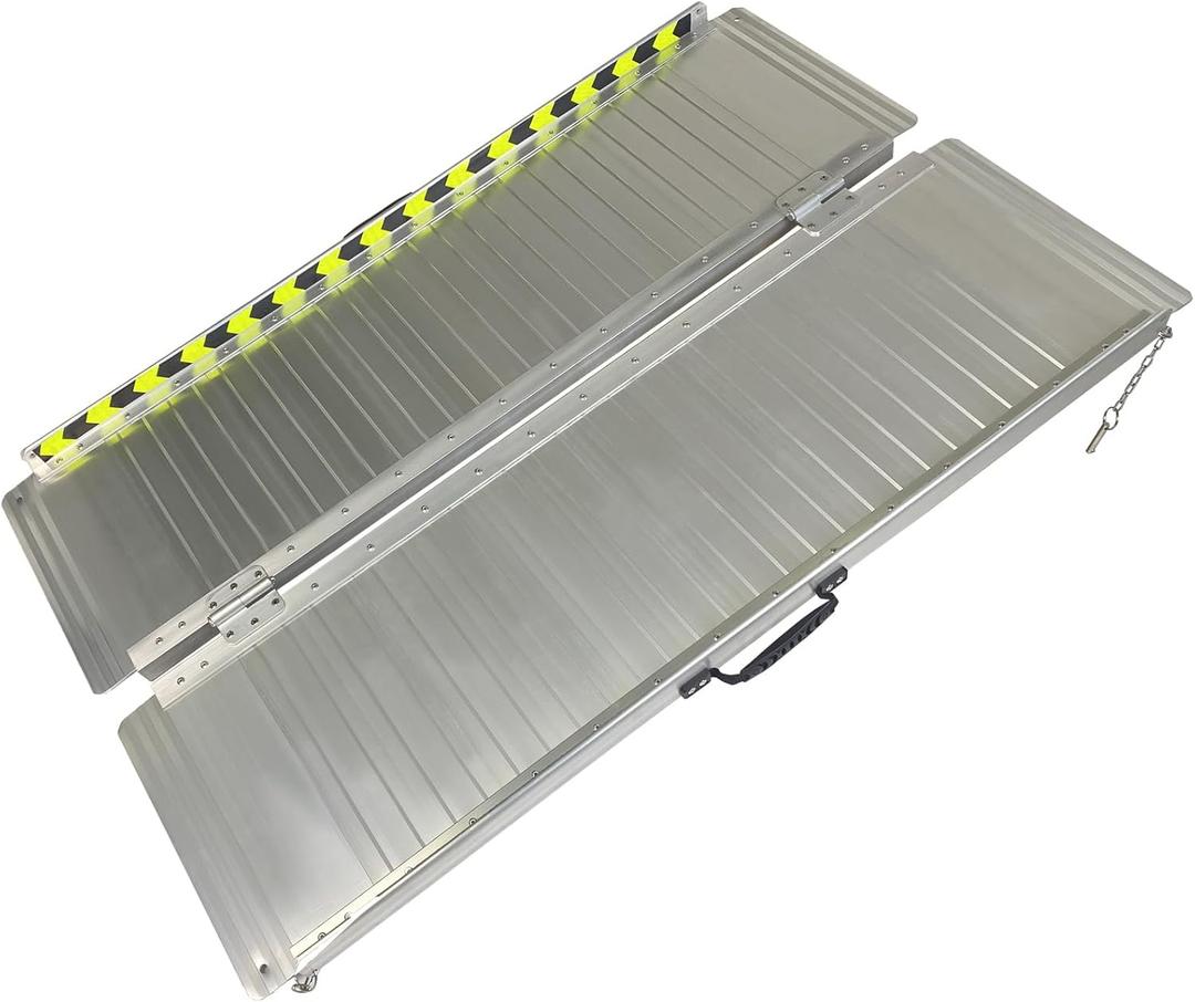 Non-Skid Folding Wheelchair Ramp Utility Mobility Access Threshold Ramp Portable Aluminum Foldable Wheelchair Ramp for Home Steps Stairs Doorways Scooter (Single, 4 Foot)