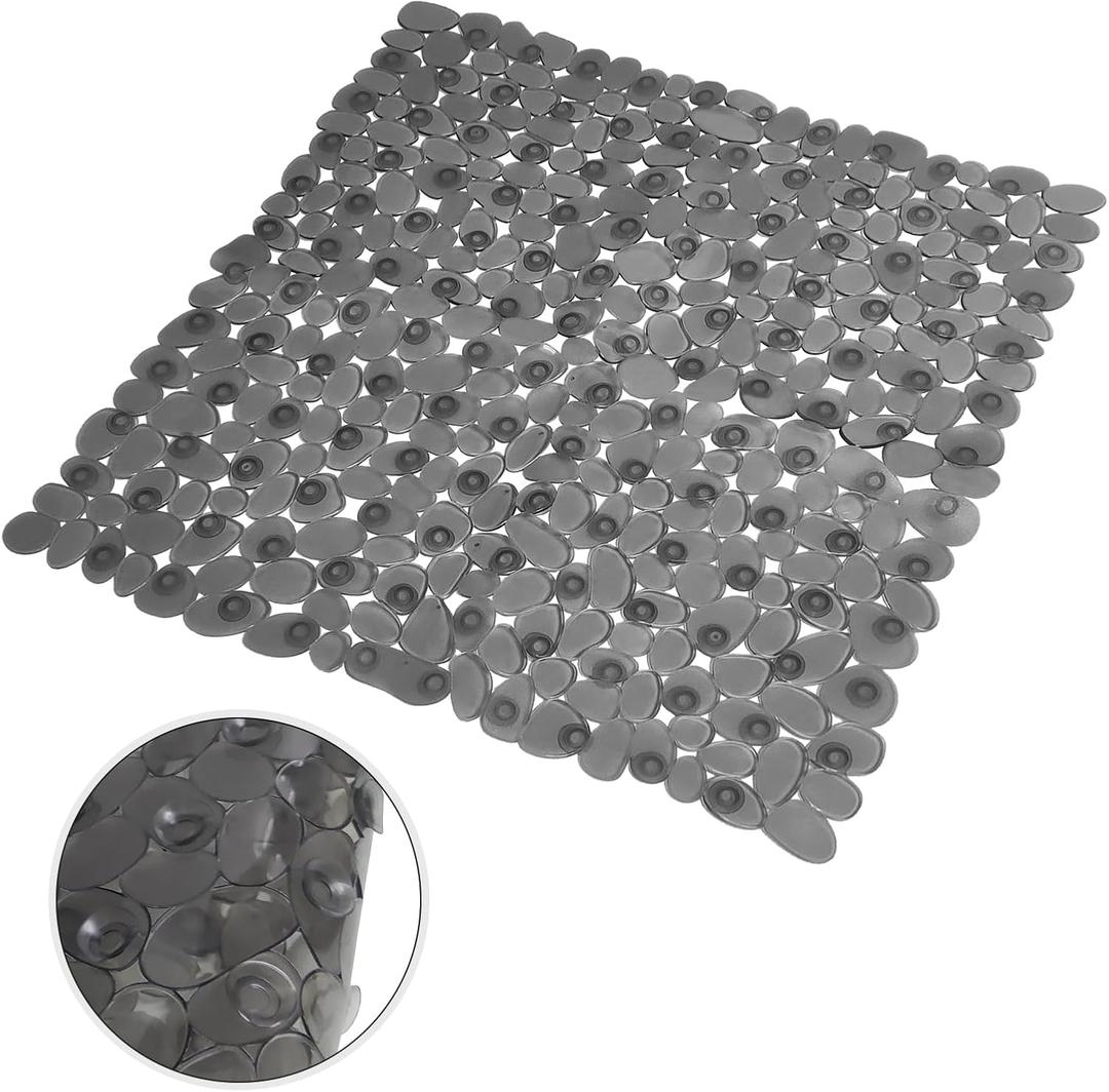 Non-Slip Pebble Shower Mat with Drain Holes and Suction Cups,21x21 Inch Soft Square Bath Mat for Shower & Tub, Quick Drying, Machine Washable Bathtub Mat(Translucent Grey)