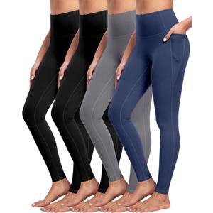NORMOV 4 Packs Yoga Leggings with Pockets for Women, Soft High Waisted Tummy Control Workout Pants (Large, 4packs(black,black,dark Gray,navy))