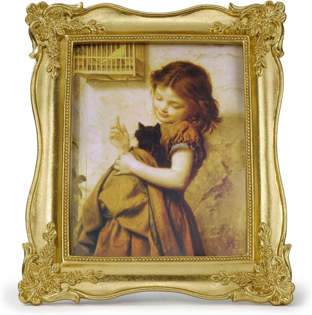 Cuspin 8x10 Vintage Picture Frame, Gold Ornate Decorative Resin Photo Frame with Glass Front, Antique Retro Gold Frames for Tabletop Display or Wall Hanging, Elegant Home Decor