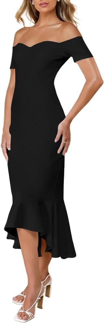 Women's Off the Shoulder Midi Dress Bodycon Formal Wedding Guest Dresses Elegant Backless Strapless