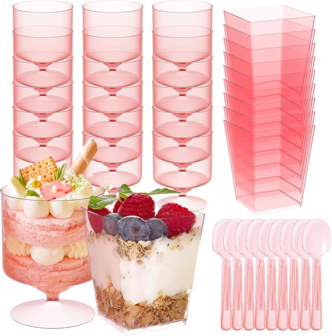 120 Packs Pink Dessert Cup with Spoons 5 Oz Mini Clear Parfait Cups, Square Dessert Shot Glasse, Round Yogurt Cups, Shooters Cups for Party, Reusable Fruit Ice Cream Cake Pudding Cups