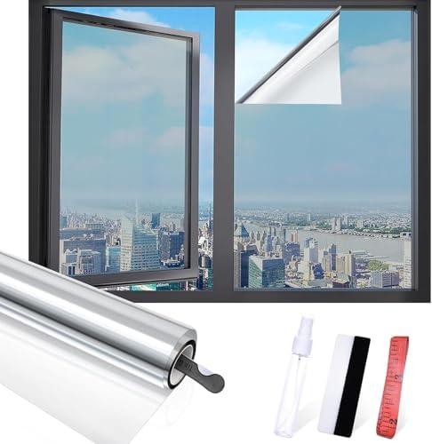 Sesybuty Window Privacy Film with Free Installation Tools, One Way Daytime Privacy Window Film Static Cling Reflective Heat Control Window Tint for Home Office (Silver, 17.5Inch X 13.1Feet)