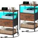 Somdot Nightstand Set of 2 with Charging Station and LED Light for Bedroom, Bedside Table End Table for Dorm Guest Room Bedside Kids Laundry Closet Entryway Hallway, Wood Grain Print (11.8"D x 16.5"W x 24.6"H (1 Drawers))