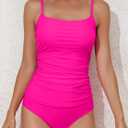 Eomenie Women's Swimsuit Tankini Tummy Control Bathing Suits Two Piece Full Coverage Slim Swim Suits with High Waisted Bottom (Pink, L)
