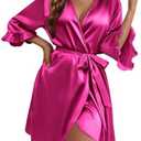 Ekouaer Women's Satin Robe Valentines Lingerie for Women Kimono Bathrobe Short Ruffle Belted Robes Bridesmaids Sleepwear Size M
