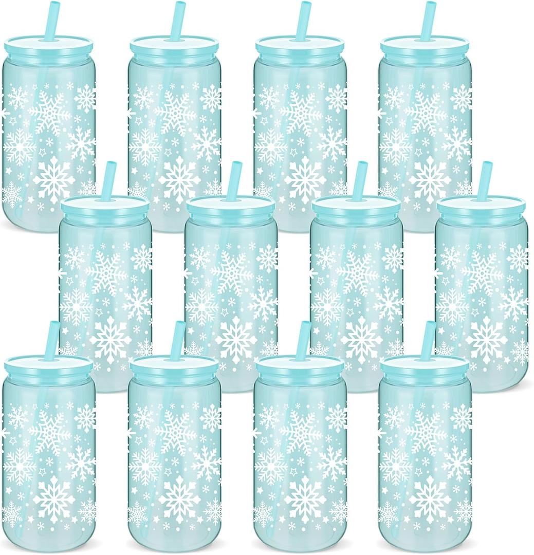 12 Pcs Winter Snowflake Christmas Cups Reusable 16 oz Acrylic Plastic Iced Coffee Cups with Lids and Straws Snowflake Drinking Blue Tumbler for Winter Xmas Decoration Party Gift Supplies