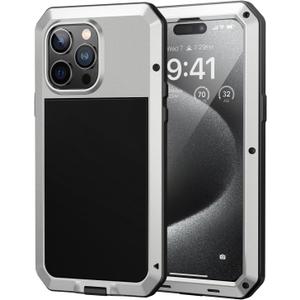 Lanhiem for iPhone 15 Pro Max Metal Case, Heavy Duty Shockproof Tough Rugged Case with Built-in Glass Screen Protector, 360 Full Body DustProof Protective Cover for iPhone 15 Pro Max 6.7", Silver