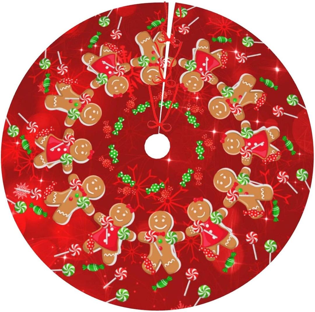 Christmas Gingerbread Man Candy Cane Tree Skirt Holiday Party Traditional Xmas Tree Mat Ornaments Tree Skirt for Christmas Decoration 36 Inch