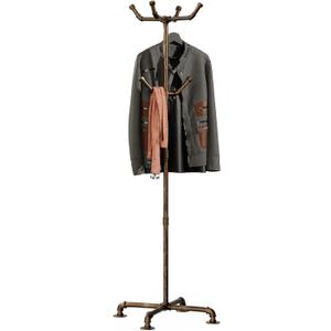 Industrial Coat Rack, Metal Pipe Coat Rack Stand Freestanding with 6 Hooks, Heavy Duty Coat Tree Sturdy Coat Racks for Entryway, Hallway, Bedroom (Vintage gold)
